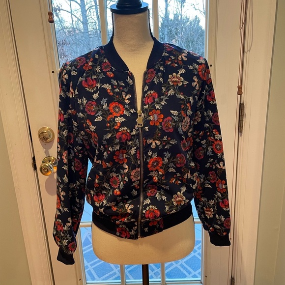 Love Tree Navy Floral Bomber Jacket Small Gold Zipper - Picture 6 of 11